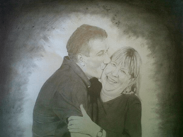 A charcoal drawing of Sandy and her husband