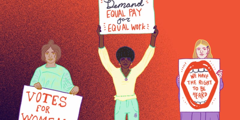 An animated image of women protesting for equal rights and equal pay