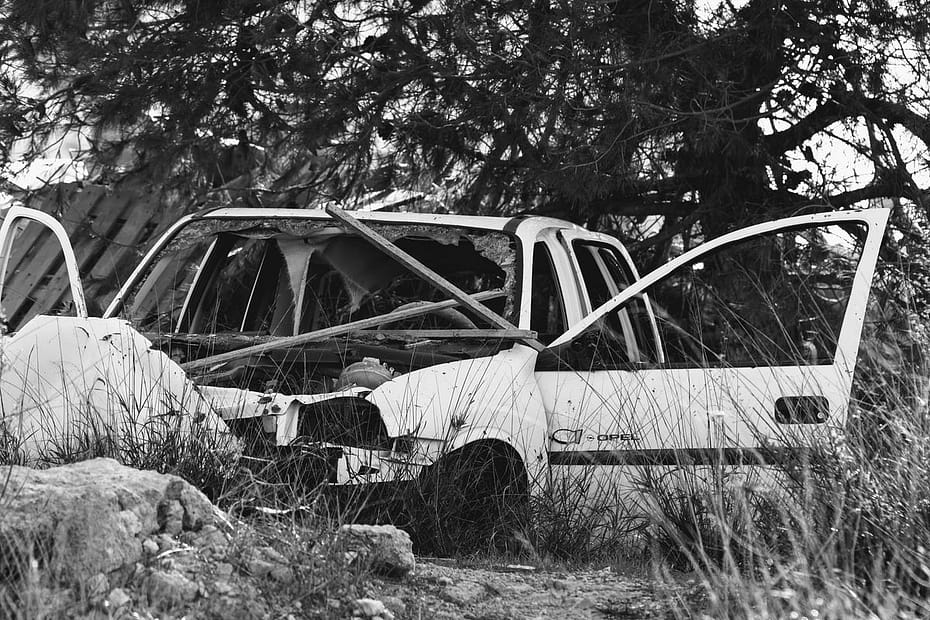 broken and burnt car